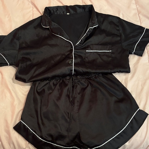 Other - Black Satin Short Sleeve Pajama Set with White Lining